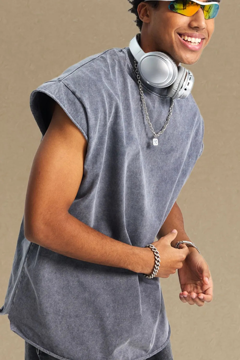 Men's Washed Round Neck Tank - Gray -