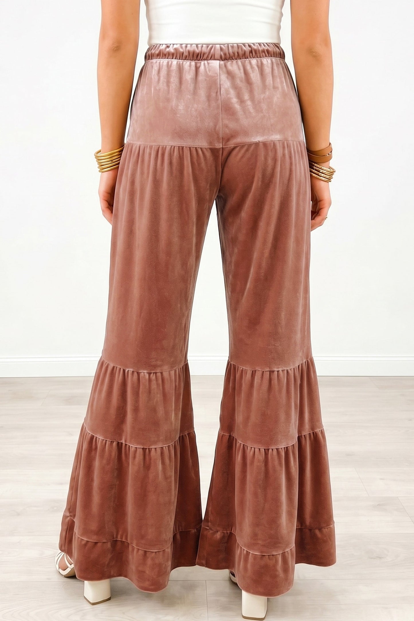Straw Yellow Mineral Wash Lace-up High Waist Tiered Bell Bottom Pants - - Bottoms/Pants & Culotte