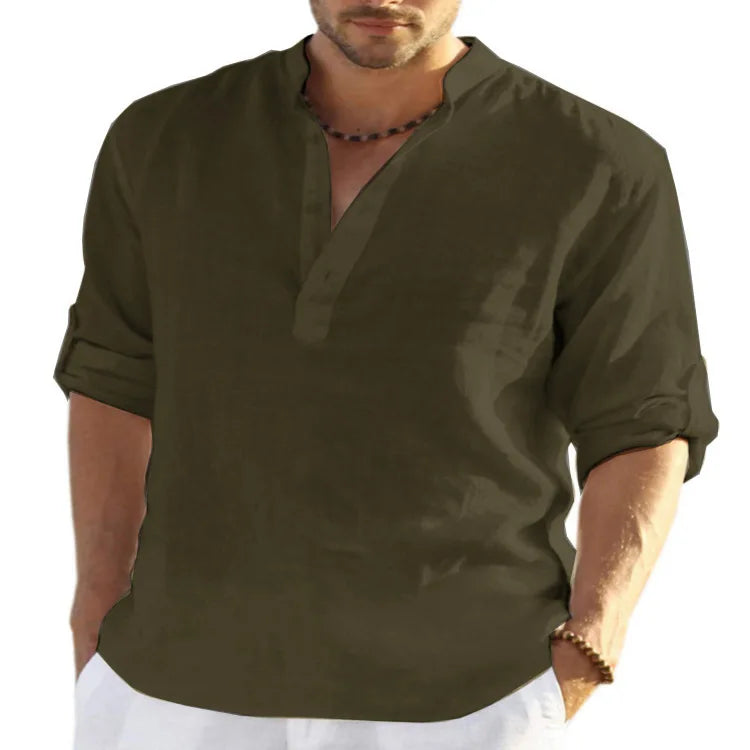 Men's Casual Blouse Shirt Loose Tops Long Sleeve Slim Fit Linen Shirts