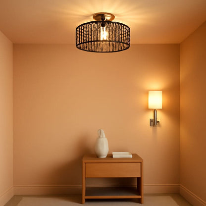 Dark Brown Hand Woven Rattan Ceiling Light With Dimmable LED - -
