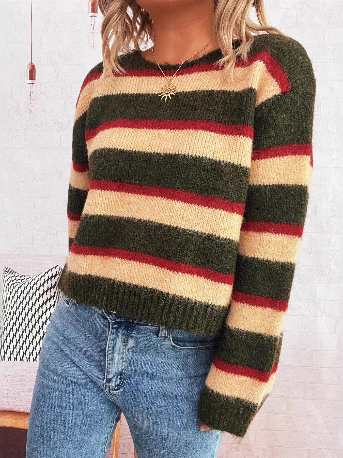 Striped Round Neck Long Sleeve Sweater - -