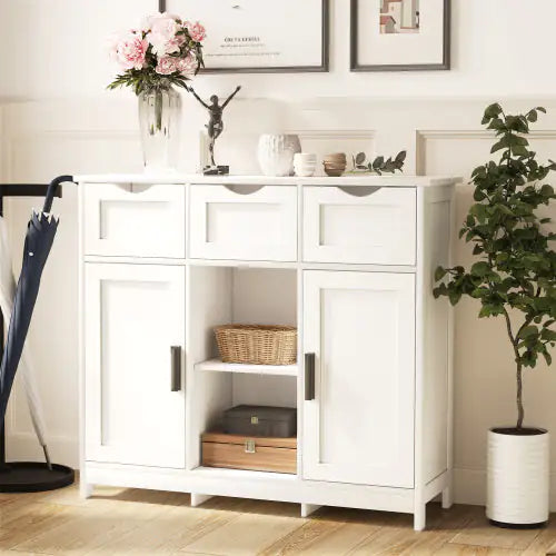 White Wooden Floor Cabinet with Drawers and Shelves - Kia Day Design