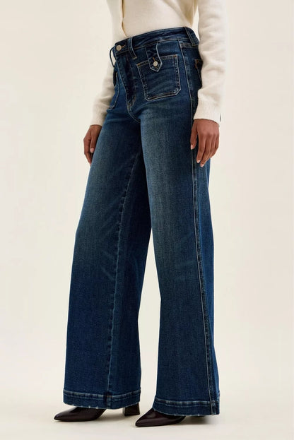 Judy Blue Lux High Waist Wide Leg Jeans in Dark Fade Indigo - - jeans
