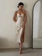 Halter Backless Slit Dress - Champagne S - dress