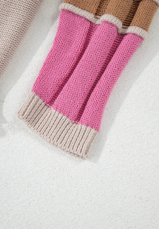 Color Block Round Neck Long Sleeve Sweater - -