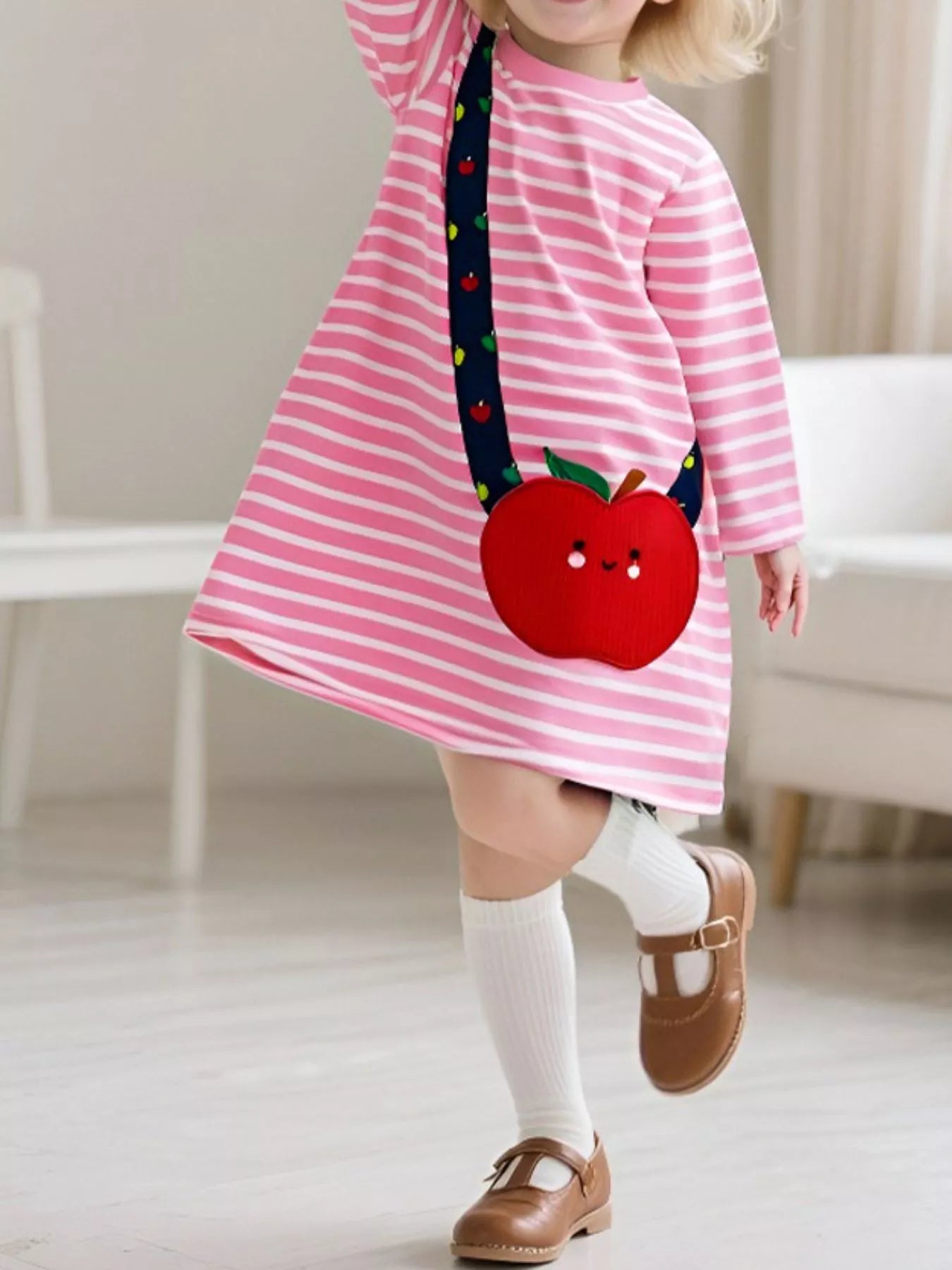 Children's Apple Applique Striped Long Sleeve Dress - Blush Pink -