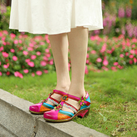 Retro Bright Flower Contrast Color Velcro Wedge - - 0
