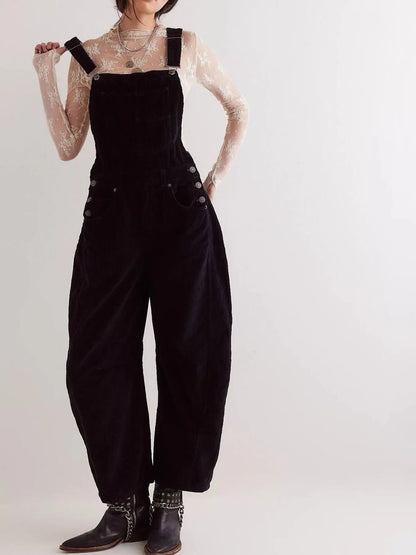 Corduroy Wide-Leg Overall with Adjustable Straps - Black -