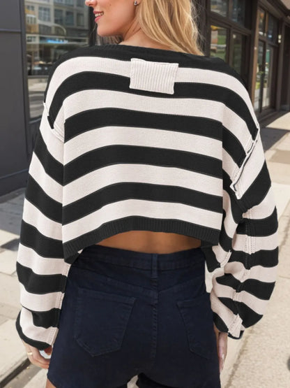 Striped Dropped Shoulder Long Sleeve Sweater - -