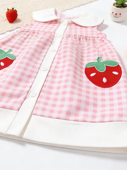 Children's Fruit Embroidered Sleeveless Plaid Dress - -