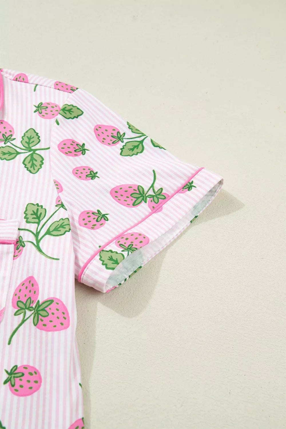 Striped Strawberry Print Lapel Shirt Drawstring Shorts 2pcs Pajama Set- Shopimist- {{Product type}}
