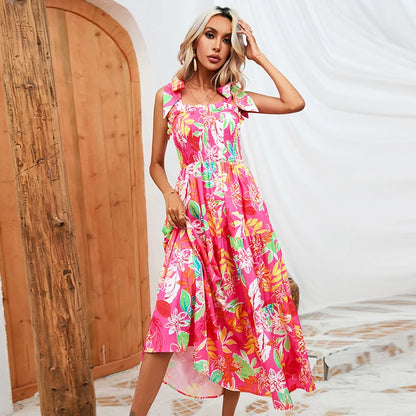 Summer Leaves Print Elastic Chest Dresses for Women Midi Spaghetti Strap Dress