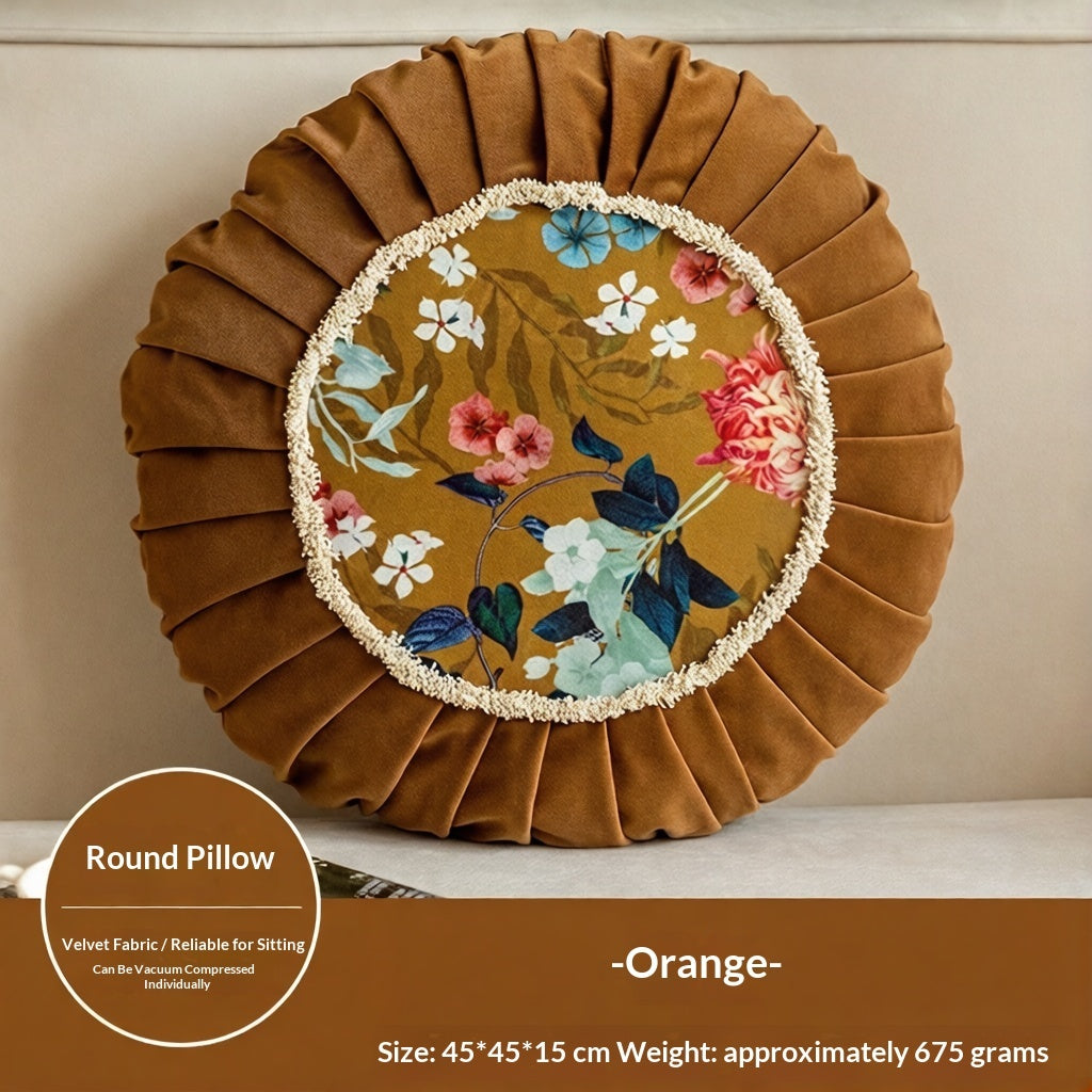 Vintage Style Chinese Floral Pattern Round Cushion - Brown With Core 45x45x15cm - Pillows