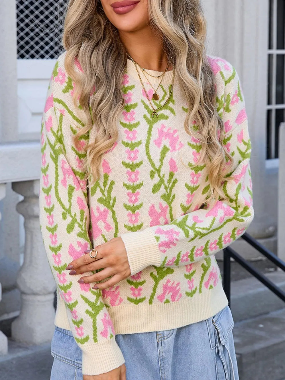 Angel Wings Flower Round Neck Long Sleeve Sweater - -