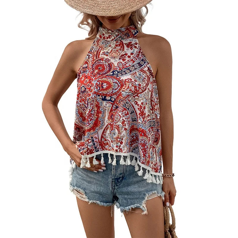 Sleeveless Style Tassel Hanging Neck Short Top