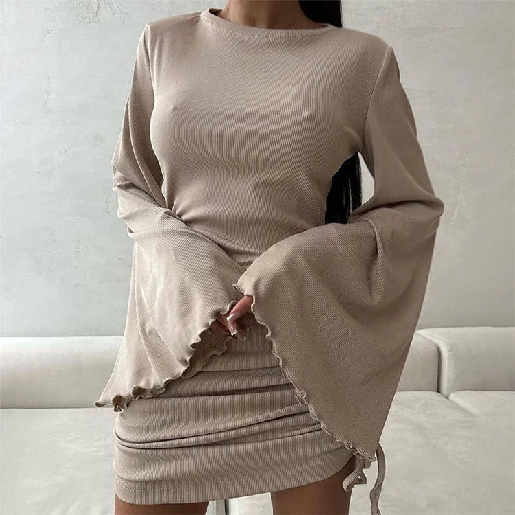 Solid Drawstring Flare Sleeve Mini Dress