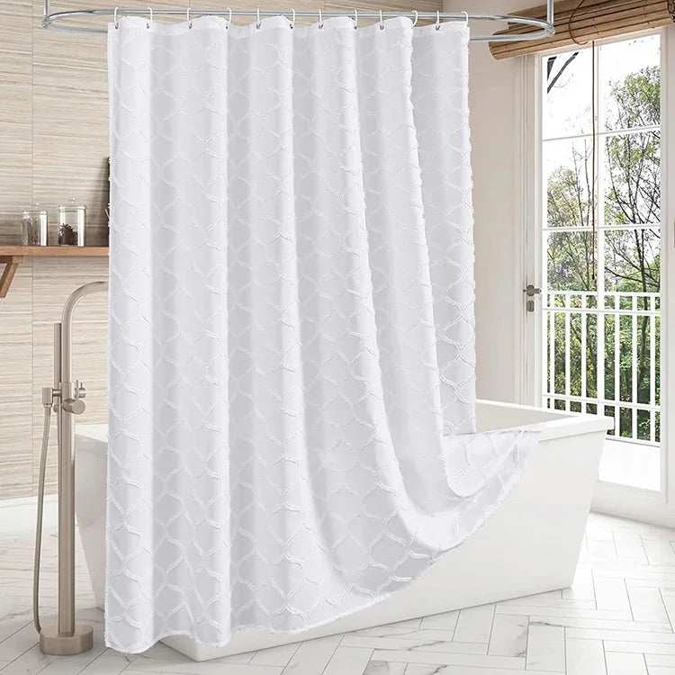 Modern Embroidered Moroccan Geometric Textured White Fabric Shower Curtain