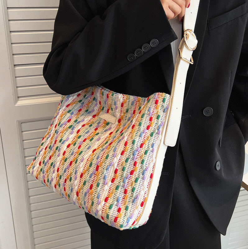 Large Capacity Womens Knit Rainbow Bucket Bag - - handbag