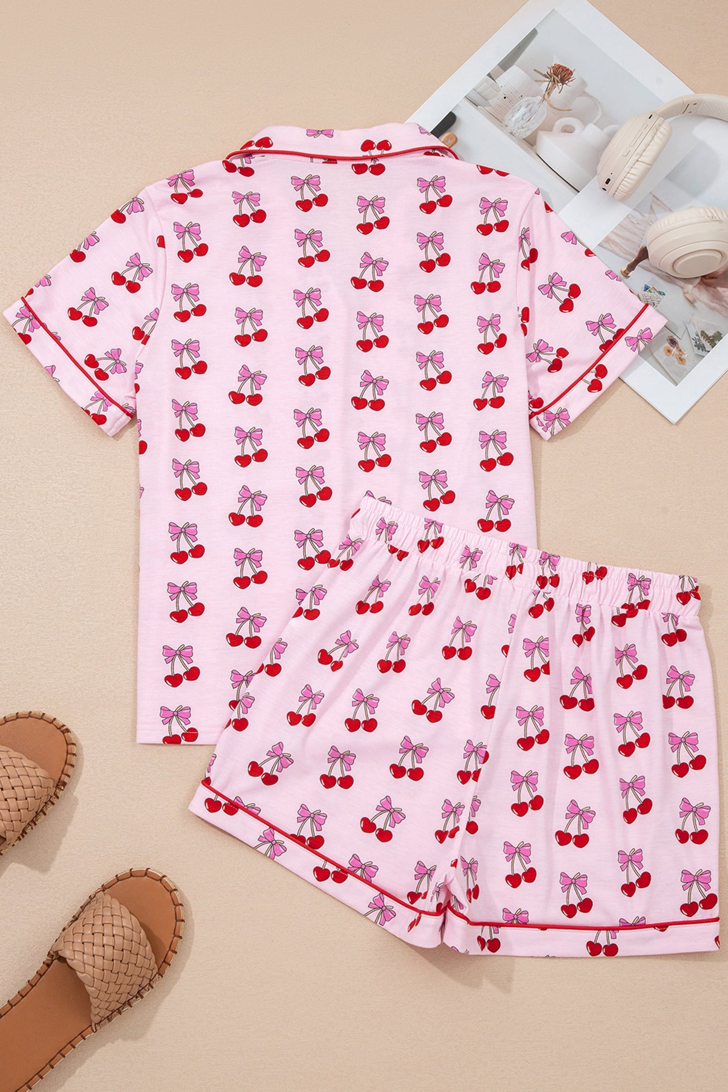 Pink Cherry/Bow Print Short Pajama Set- Wild and Free Boutique- {{Product type}}