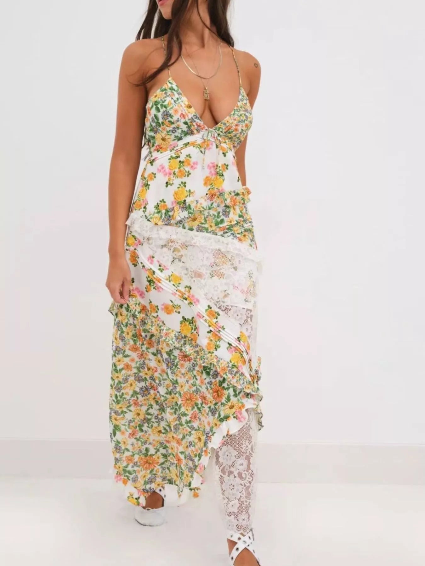 Lace Floral Print Ruffle Trim Maxi Dress - -