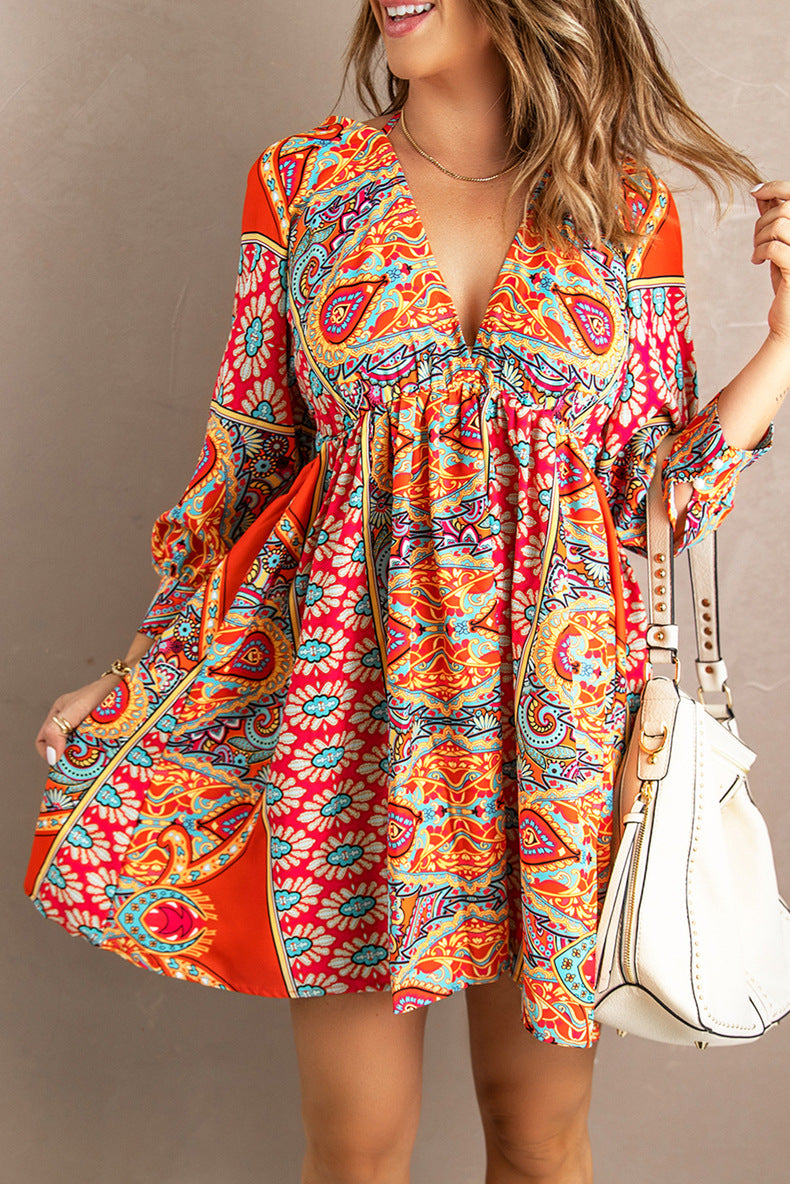 Women Vintage Floral Print v Neck Cut-Out Ruffle Mini Bohemian Boho Dress