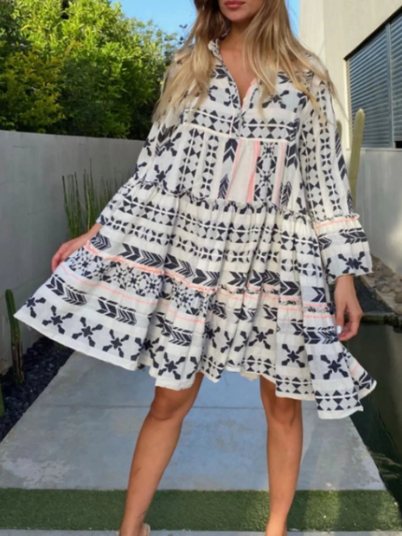 Printed Tiered Babydoll Dress - -