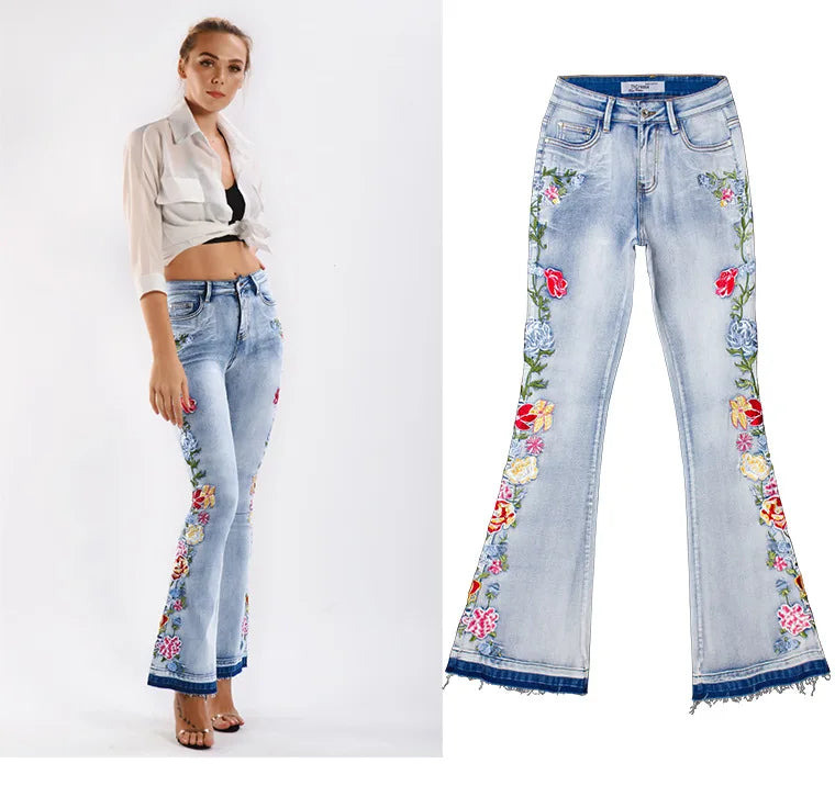 Women Flared Jean Mujer Embroidered Pants Flared Jean Extra Long Floral