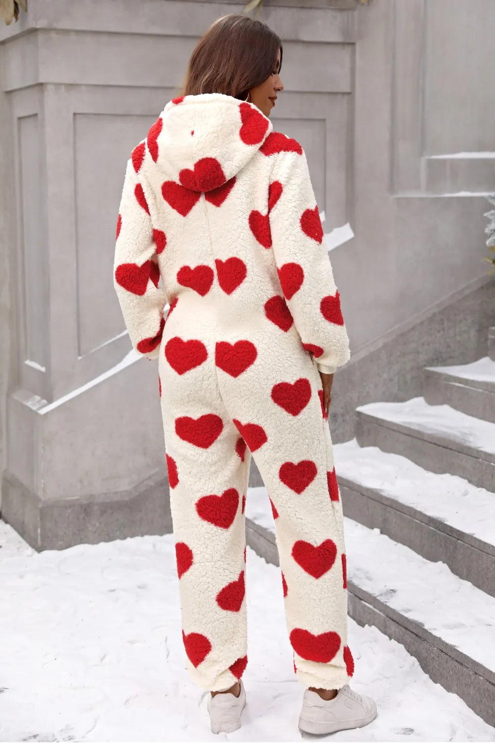Fuzzy Heart Zip Up Hooded Lounge Jumpsuit - -