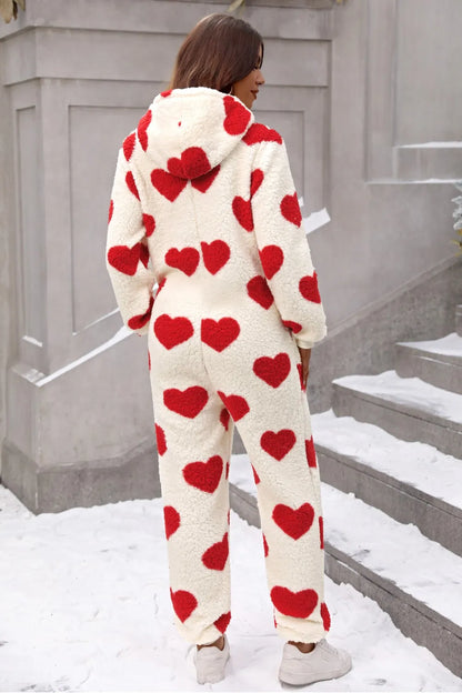 Fuzzy Heart Zip Up Hooded Lounge Jumpsuit - -