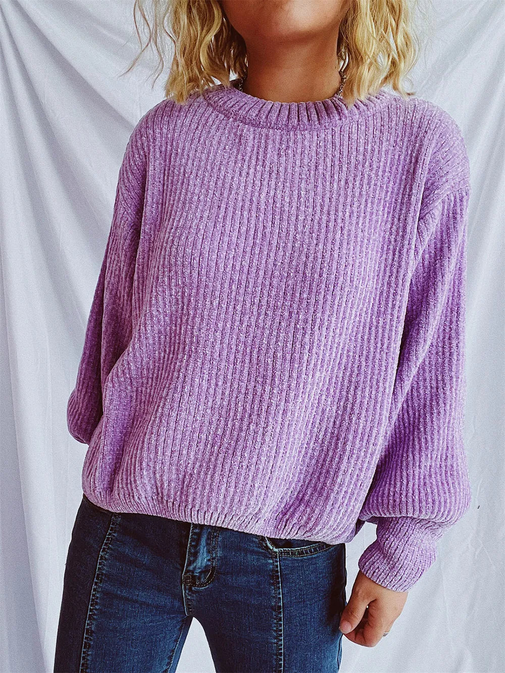 Round Neck Dropped Shoulder Long Sleeve Sweater - -
