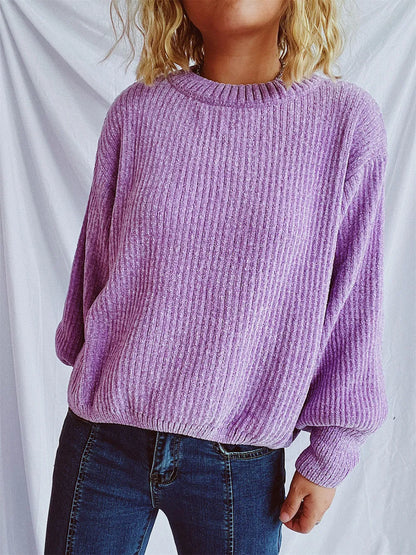 Round Neck Dropped Shoulder Long Sleeve Sweater - -