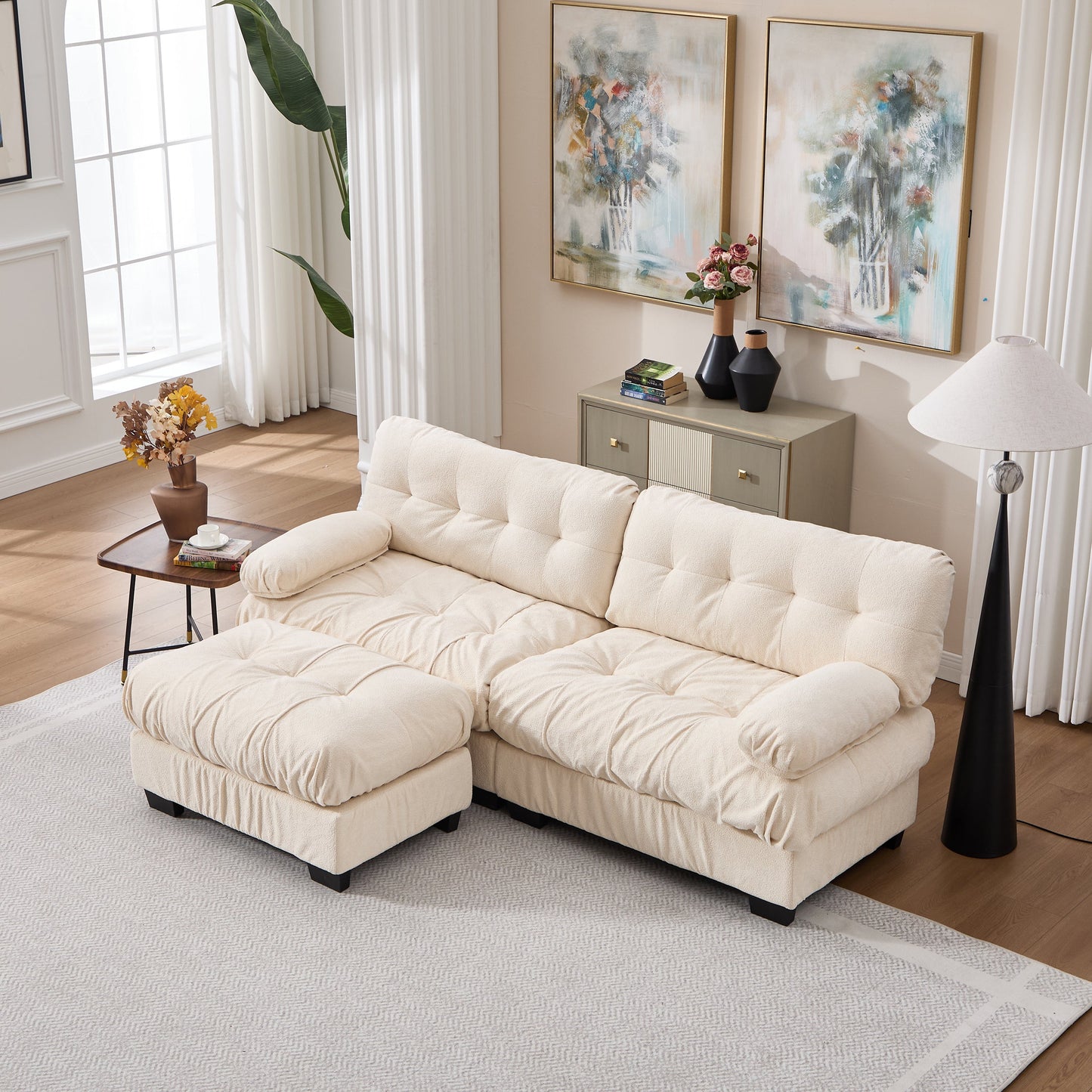 Sectional Sofa L-Shape Cloud Flannelette Beige 3 Seat 88 In 4 Pillows - - Sectional Sofas