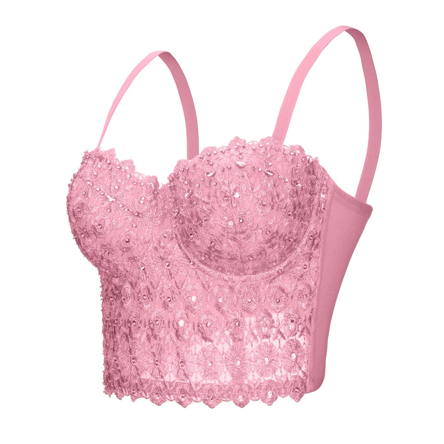 LACELOVE Pink Rhinestone Bustier Crop Top - - Women's Fashion - Women's Clothing - Tops & Tees - Tank Tops