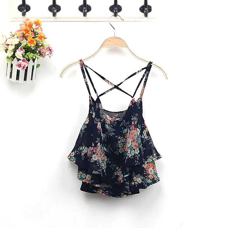 Floral Print Tank Top Summer Style Spaghetti Strap Casual Tops Double Chiffon