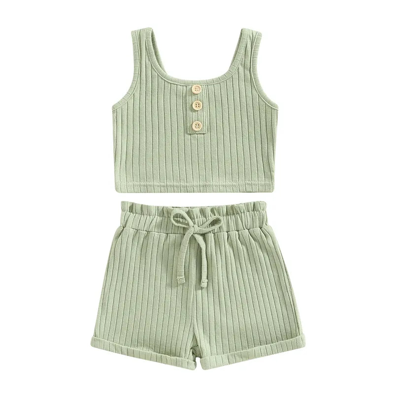 Solid Color Tank and Ribbed Drawstring Shorts Set green