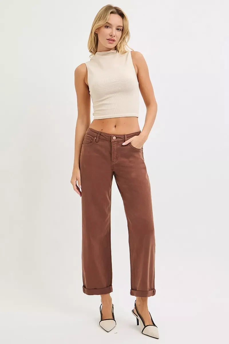 RISEN Tummy Control Mid Rise Ankle Barrel Baggy - - jeans