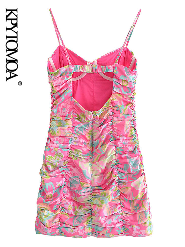 Floral Print Pleated Mini Dress - - dress