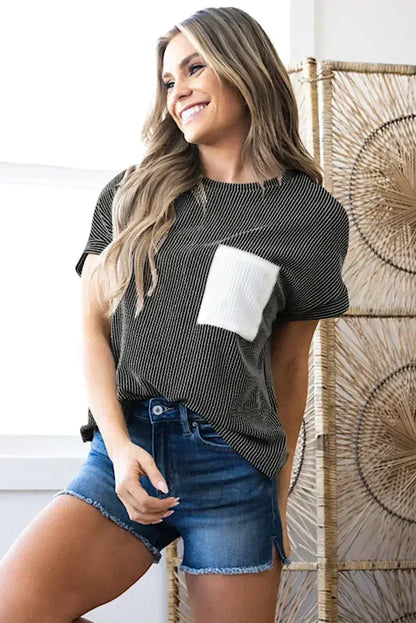 Pink Corded Colorblock Pocket Crew Neck T Shirt - - T Shirts