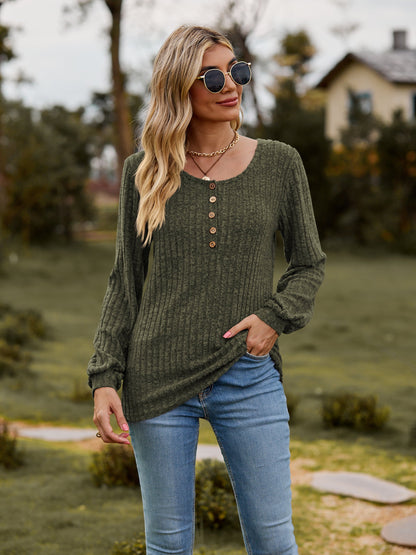 Round Neck Button-Down Long Sleeve Tee - Army Green -