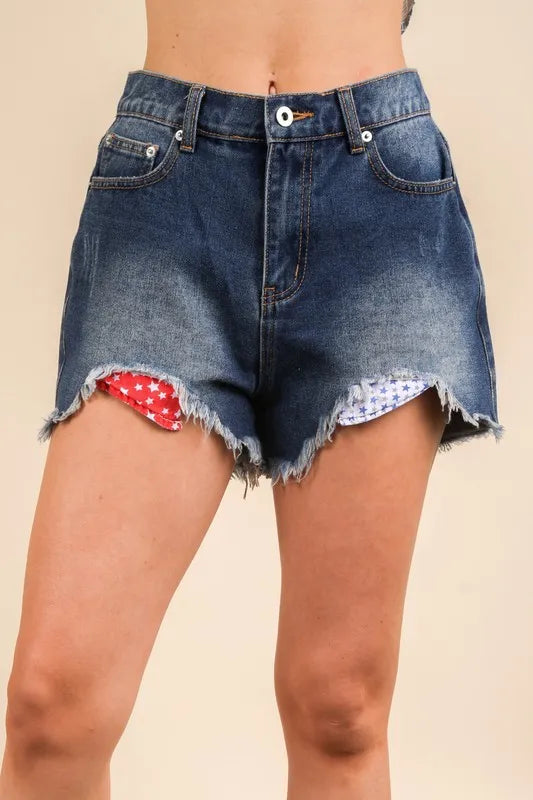 VERY J Raw Hem Pocketed Contrast Washed Denim Shorts - -