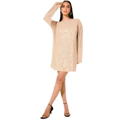 Preston & York Rosa Jewel Neck Long Blouson Sleeve Sequin Dress - Gold 6 US - dress