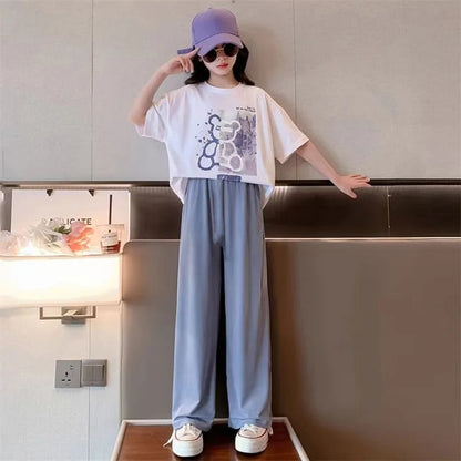 Bear White T-Shirt and Straight Pants BLUE