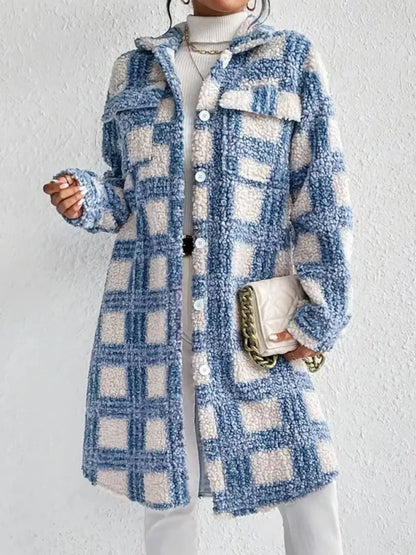 Plaid Button Up Long Sleeve Fleece Coat - -