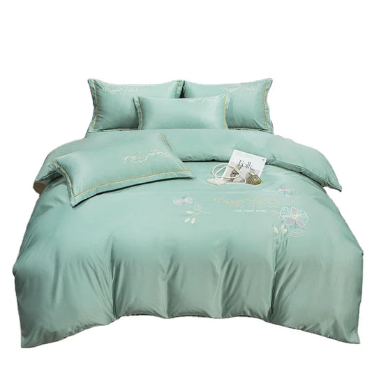 Organic Embroidered 4pcs Silky Satin Bedding Set