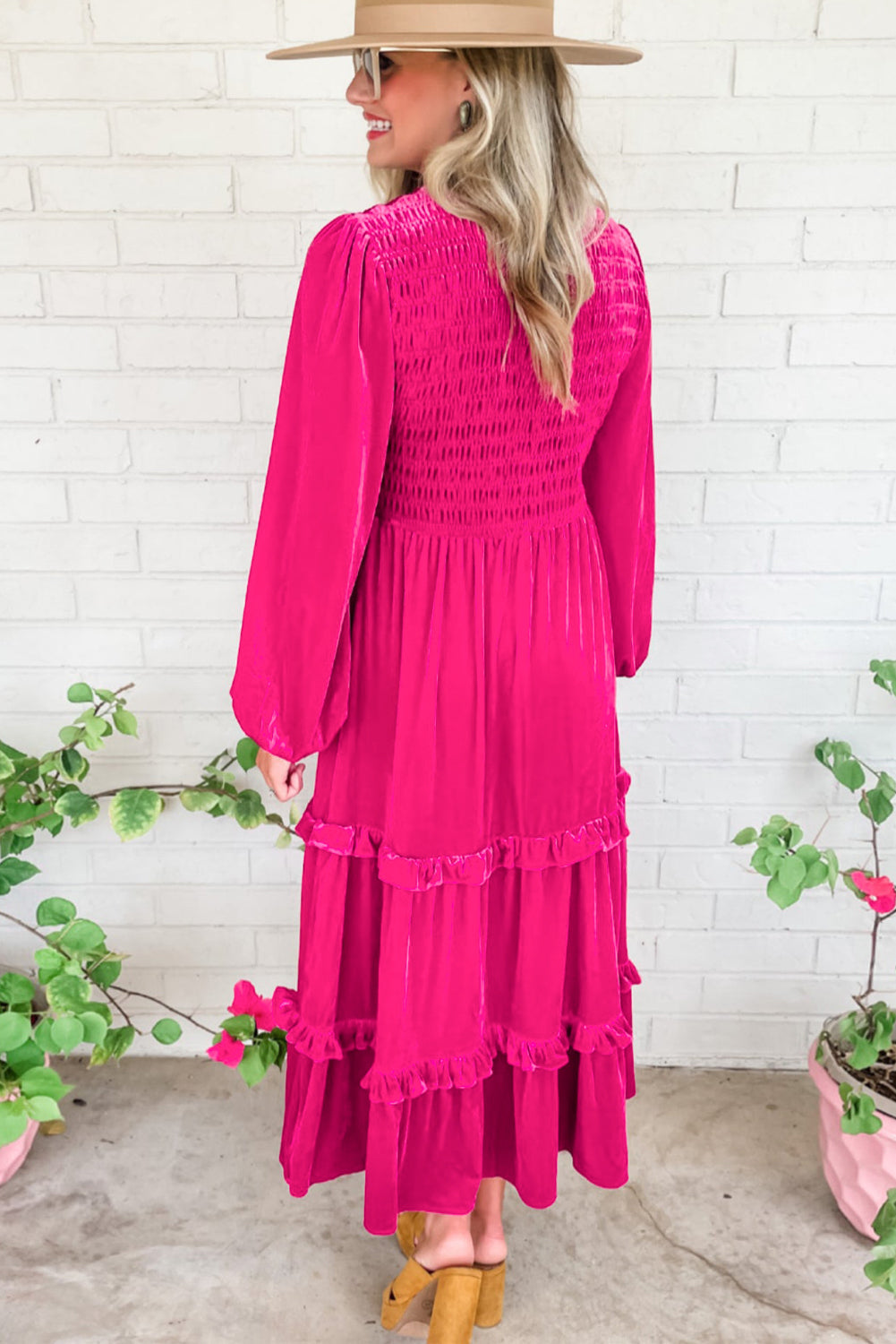 Rose Red Shirred V Neck Long Sleeve Velvet Dress - - Dresses/Maxi Dresses
