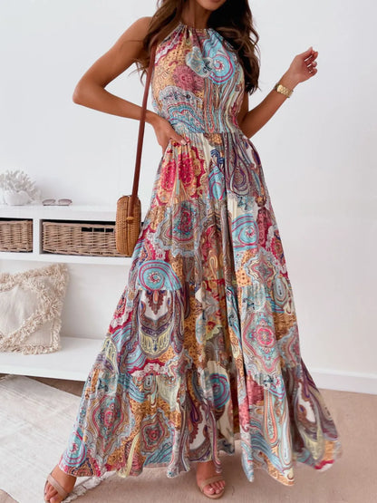 Printed Halter Neck Maxi Dress - -