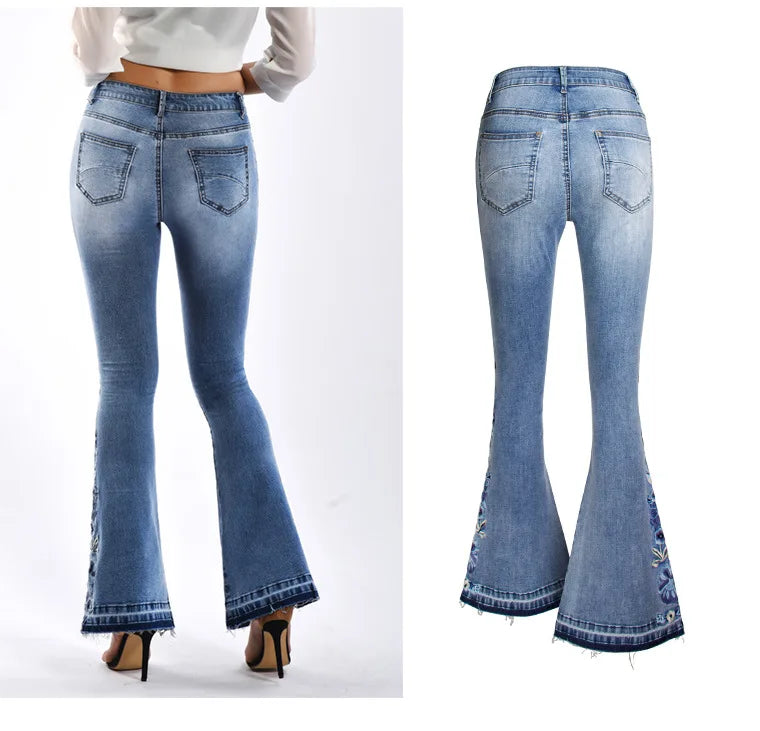 High Waist Wide Leg Bell-Bottom Custom Embroidered Jeans