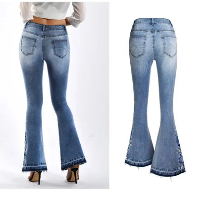 High Waist Wide Leg Bell-Bottom Embroidered Jeans