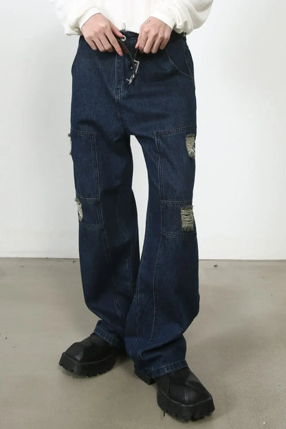 Men's Distressed Jeans with Pockets - Dark -