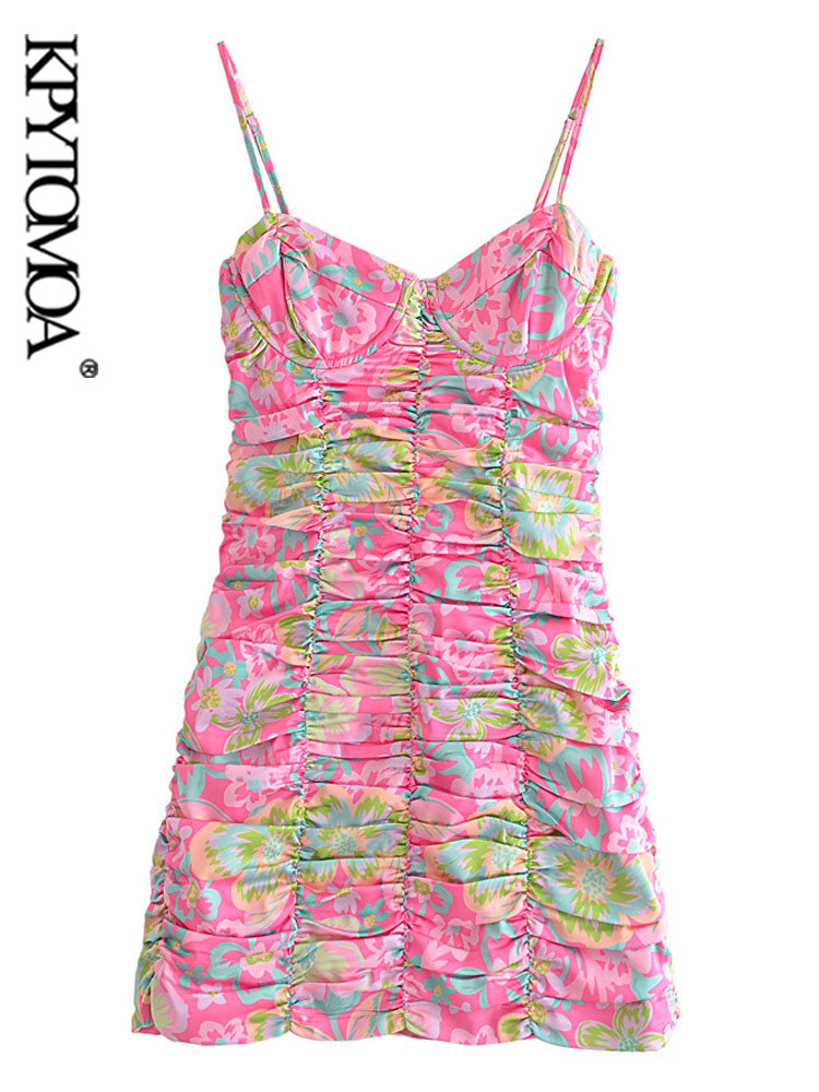 Floral Print Pleated Mini Dress - - dress